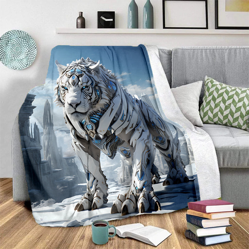 1pc Cozy Snow Mechanical Tiger Print  Blanket - Lightweight Flannel Throw For Sofa, Bed, Travel, Camping, Livingroom, Office, Couch, Chair,