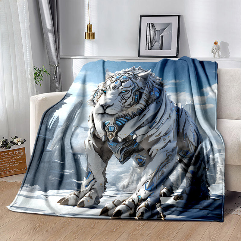 1pc Cozy Snow Mechanical Tiger Print  Blanket - Lightweight Flannel Throw For Sofa, Bed, Travel, Camping, Livingroom, Office, Couch, Chair,