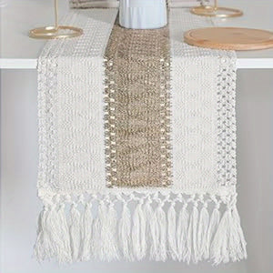 Bohemian Chic 72-Inch Polyester Table Runner with Tassels - Rustic Cream & Brown for Dining & Bedroom Decor