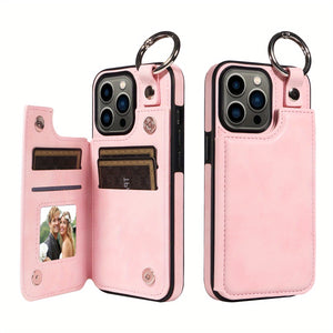 For IPhone 15/14/13/12/11 Pro Max/X/XS Max Wallet Case With Card Holder, Ring Buckle Artificial Leather Kickstand Card Slots Case, Double Ma