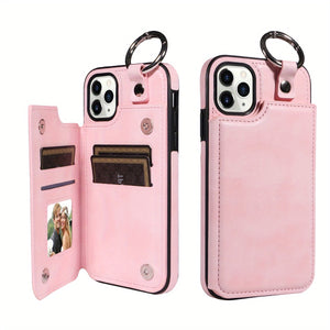 For IPhone 15/14/13/12/11 Pro Max/X/XS Max Wallet Case With Card Holder, Ring Buckle Artificial Leather Kickstand Card Slots Case, Double Ma