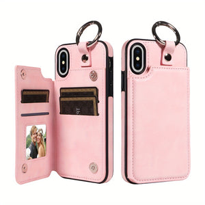 For IPhone 15/14/13/12/11 Pro Max/X/XS Max Wallet Case With Card Holder, Ring Buckle Artificial Leather Kickstand Card Slots Case, Double Ma