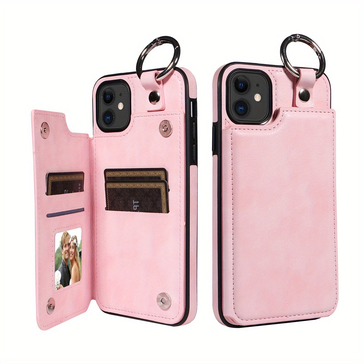 For IPhone 15/14/13/12/11 Pro Max/X/XS Max Wallet Case With Card Holder, Ring Buckle Artificial Leather Kickstand Card Slots Case, Double Ma