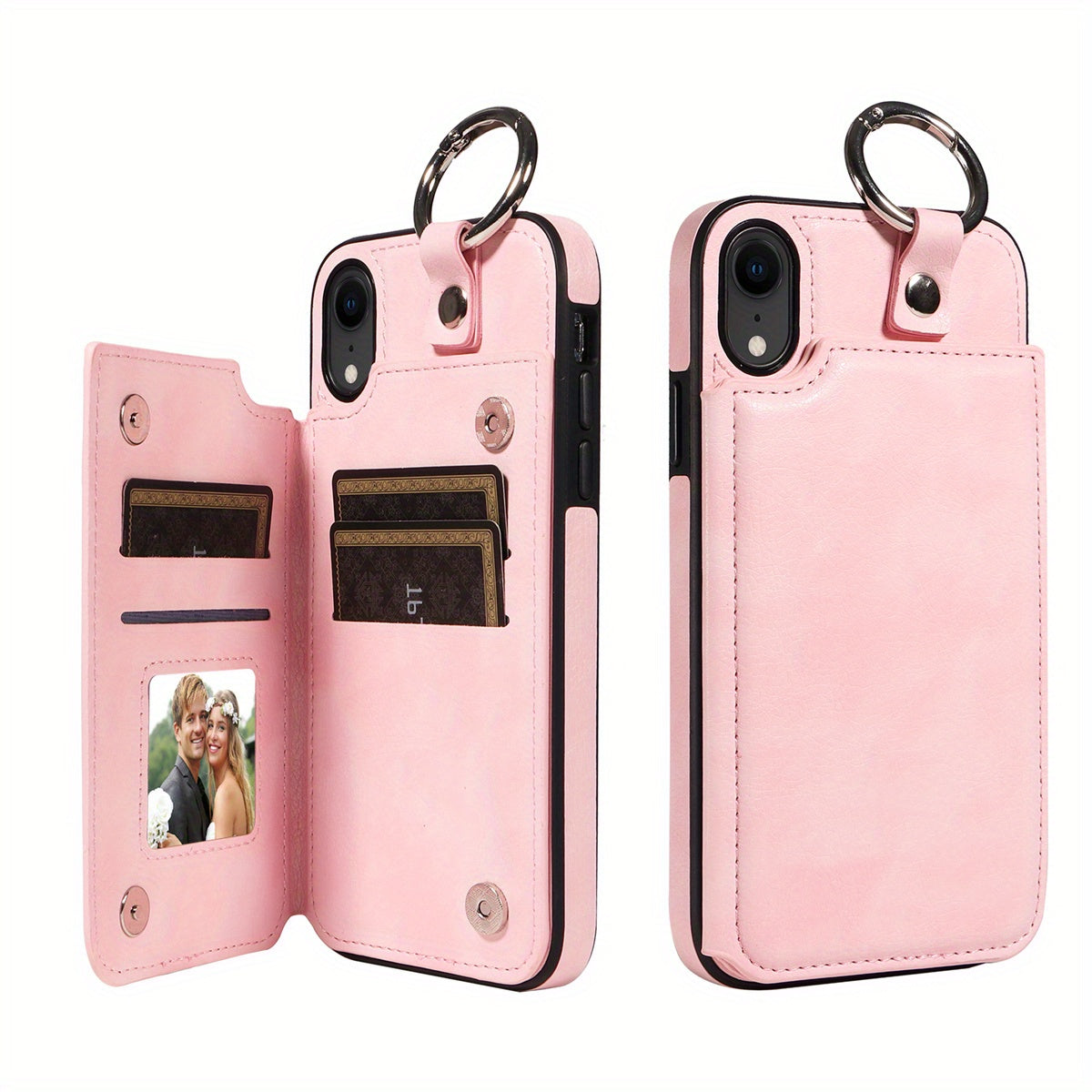 For IPhone 15/14/13/12/11 Pro Max/X/XS Max Wallet Case With Card Holder, Ring Buckle Artificial Leather Kickstand Card Slots Case, Double Ma