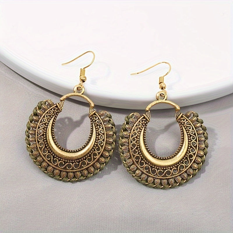 Vintage Round Shape Carved Pattern Dangle Earrings Retro Bohemian Style Alloy Jewelry Delicate Female Gift