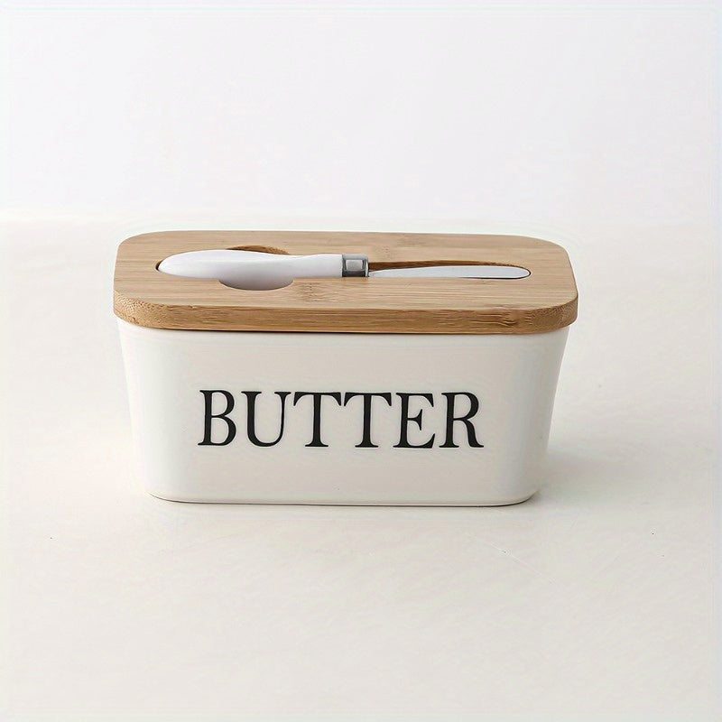 1pc, Large Ceramic Butter Dish With Lid And Knife - Perfect For Kitchen Baking And Gifting - Durable And Easy To Clean for restaurants