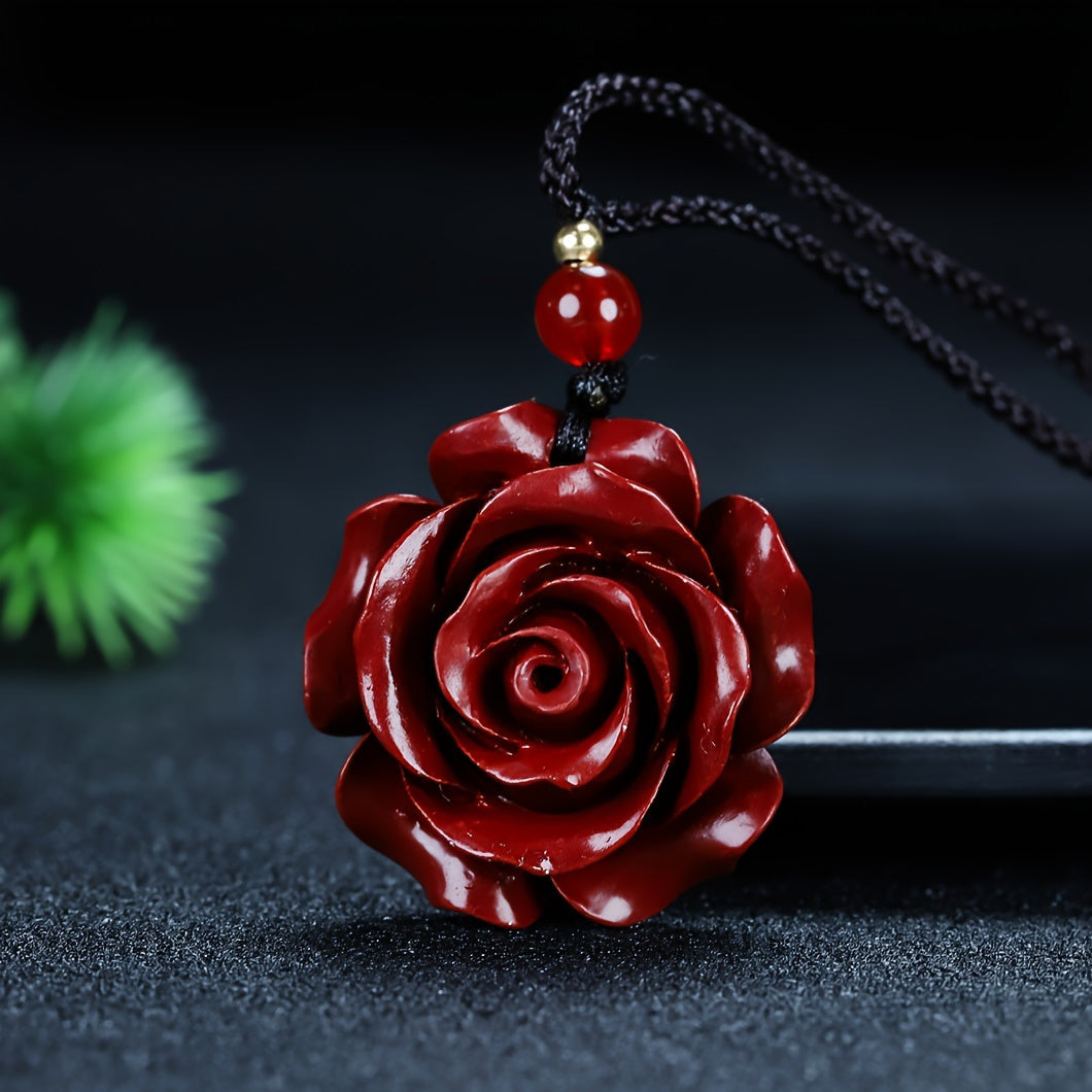 1pc Red Cinnabar Rose Pendant Necklace For Men