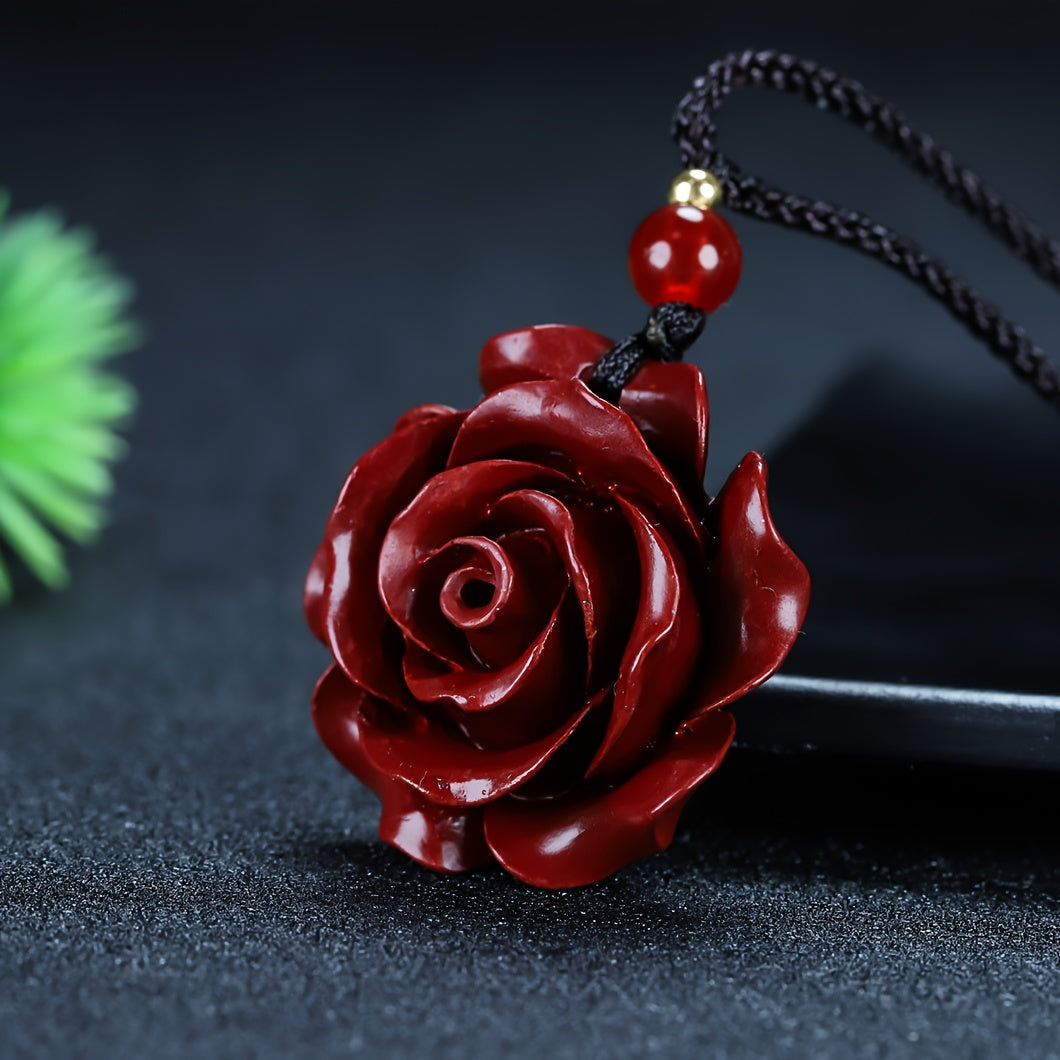 1pc Red Cinnabar Rose Pendant Necklace For Men