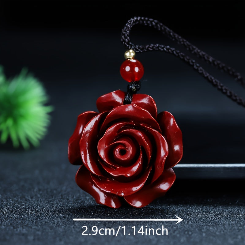 1pc Red Cinnabar Rose Pendant Necklace For Men