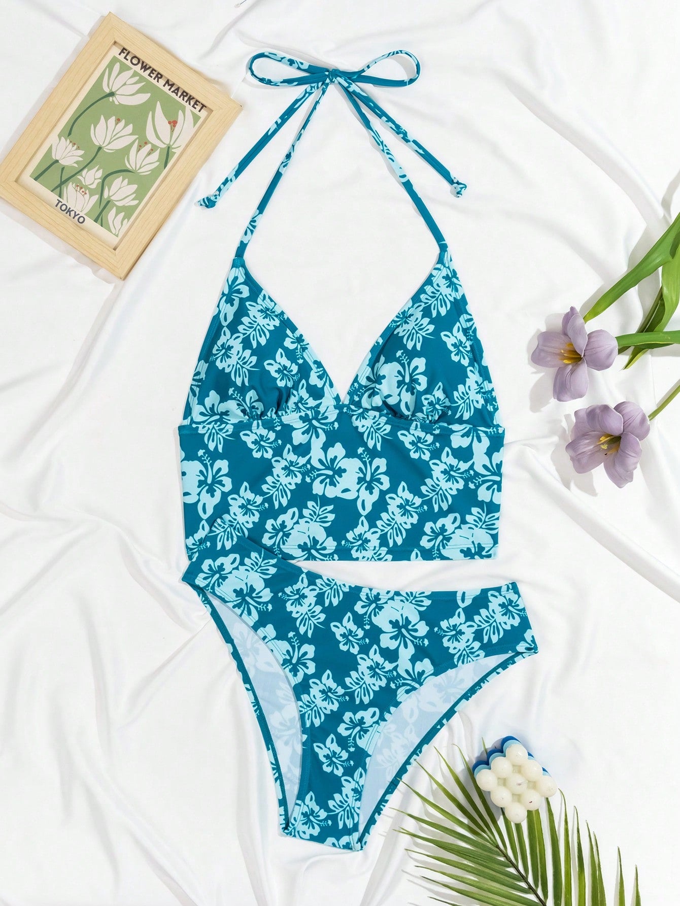 Swim Mod Summer Beach Ladies' Random Floral Print Halter Neck Tie Back Tankini Set For Vacation,