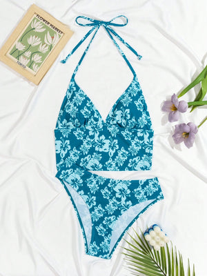 Swim Mod Summer Beach Ladies' Random Floral Print Halter Neck Tie Back Tankini Set For Vacation,