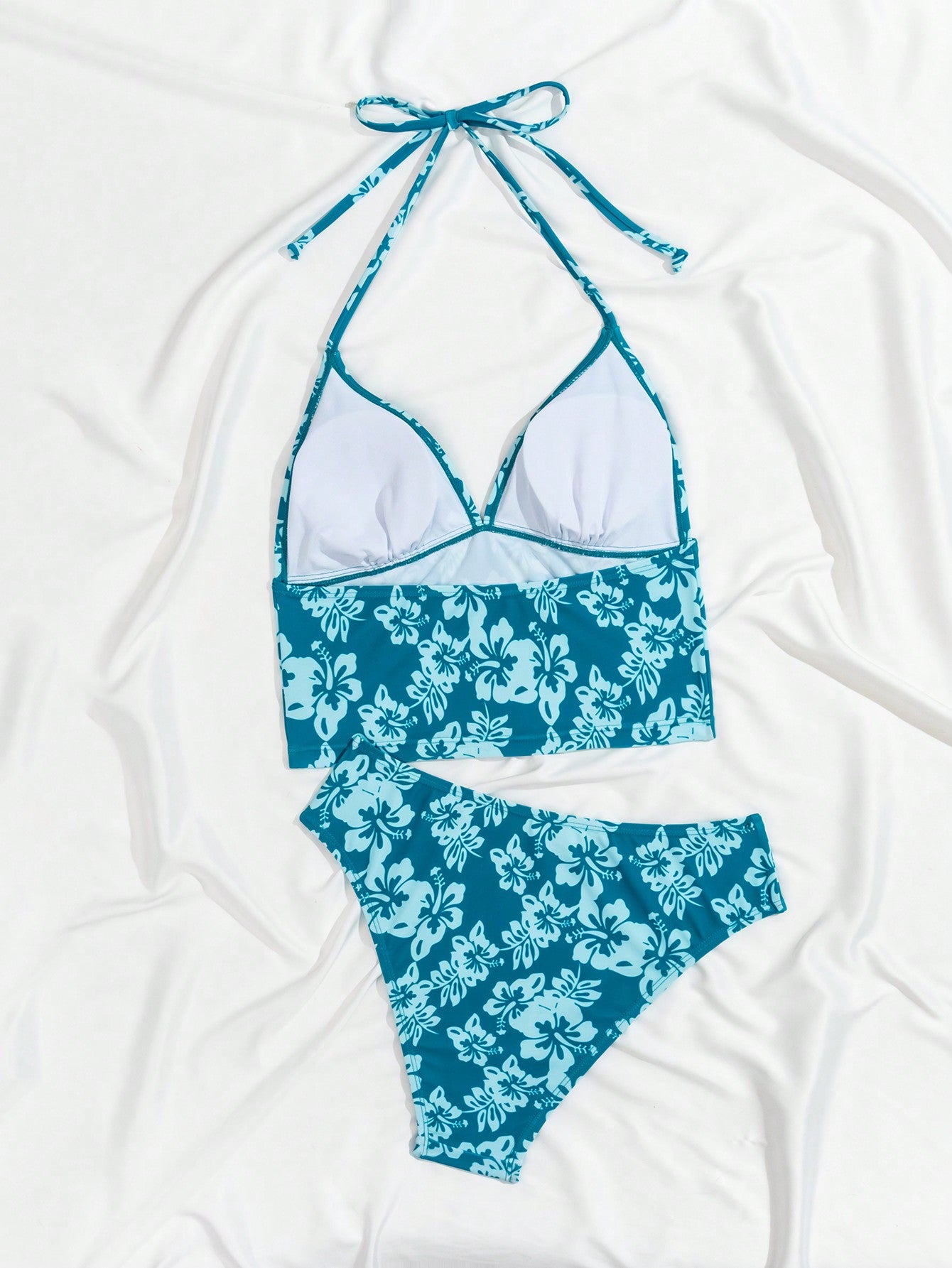Swim Mod Summer Beach Ladies' Random Floral Print Halter Neck Tie Back Tankini Set For Vacation,
