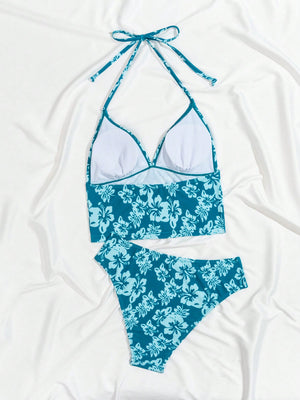 Swim Mod Summer Beach Ladies' Random Floral Print Halter Neck Tie Back Tankini Set For Vacation,