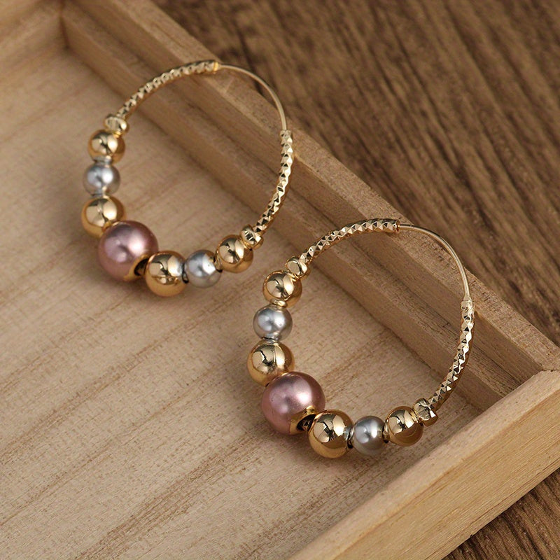 [2pcs Copper Hoop Earrings Design] 2pcs Colorful Bead Beads Decor Design Copper Hoop Earrings, Fashionable And Creative Retro Jewelry For Men And Women