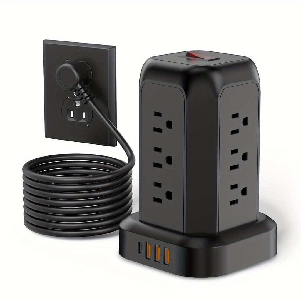 1 x 10FT Black Surge Protector with 12 Outlets, 3 USB Ports, and 1 C-Type Port, 110V-130V, US Plug, No Battery Included