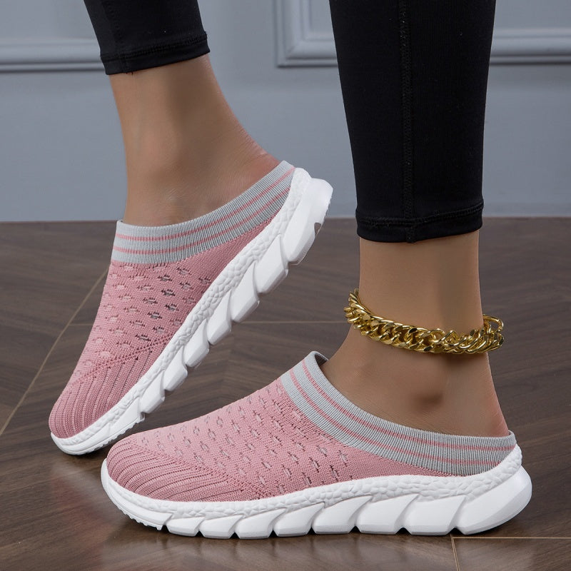 Women's Platform Slip On Clogs, Knitted Soft Sole Walking Comfort Shoes, Half Drag Breathable Daily Wear