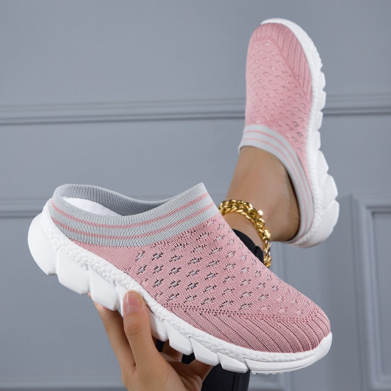 Women's Platform Slip On Clogs, Knitted Soft Sole Walking Comfort Shoes, Half Drag Breathable Daily Wear