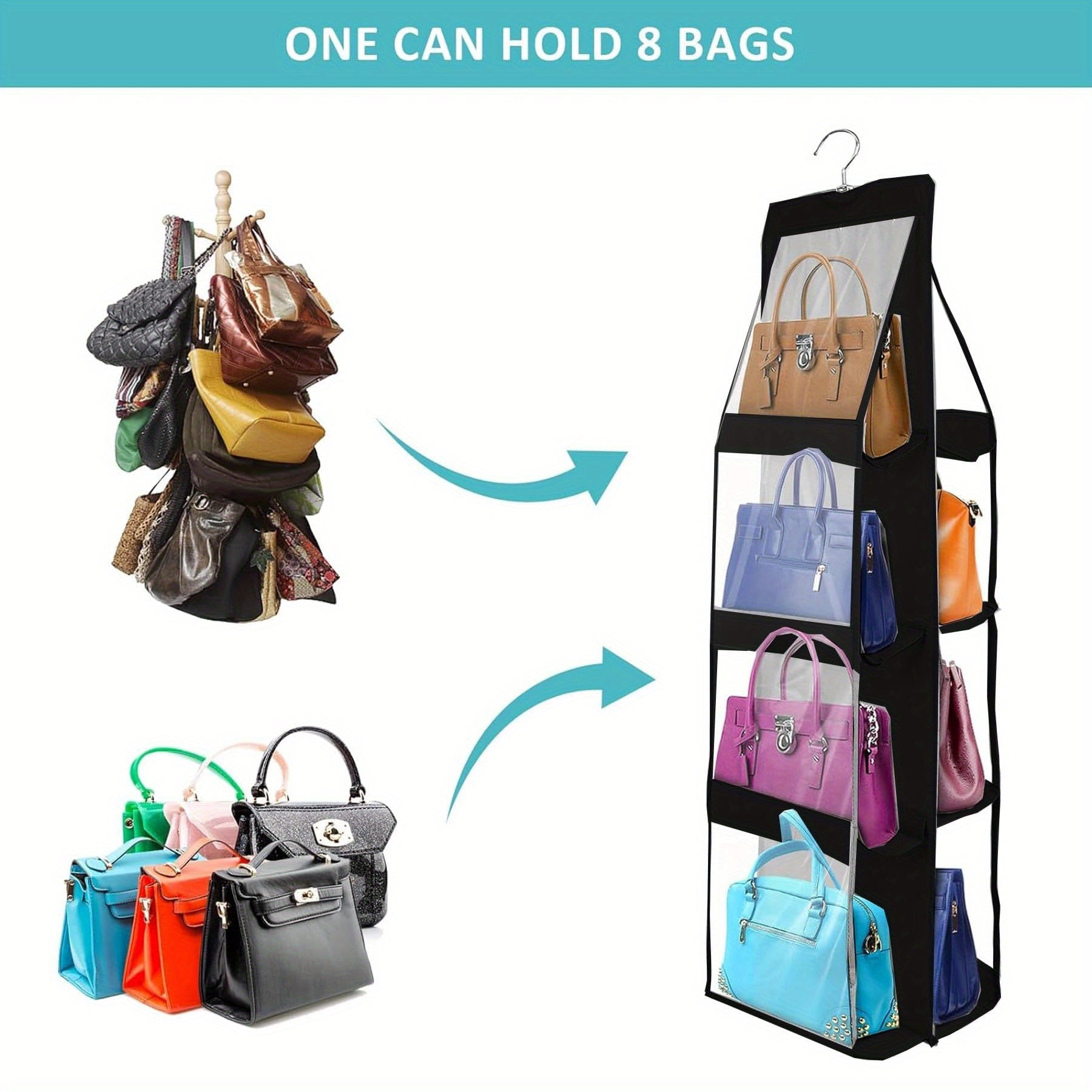 8-Pocket Hanging Handbag Organizer, Fragrance-Free Oxford Cloth Storage Holder, Space-Saving Foldable Wardrobe Purse Rack
