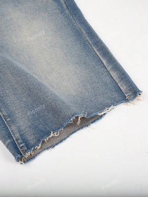 Y2K Vintage Slant Pocket Fringe Hem Wide Leg Bermuda Jeans Denim Jorts Casual Shorts