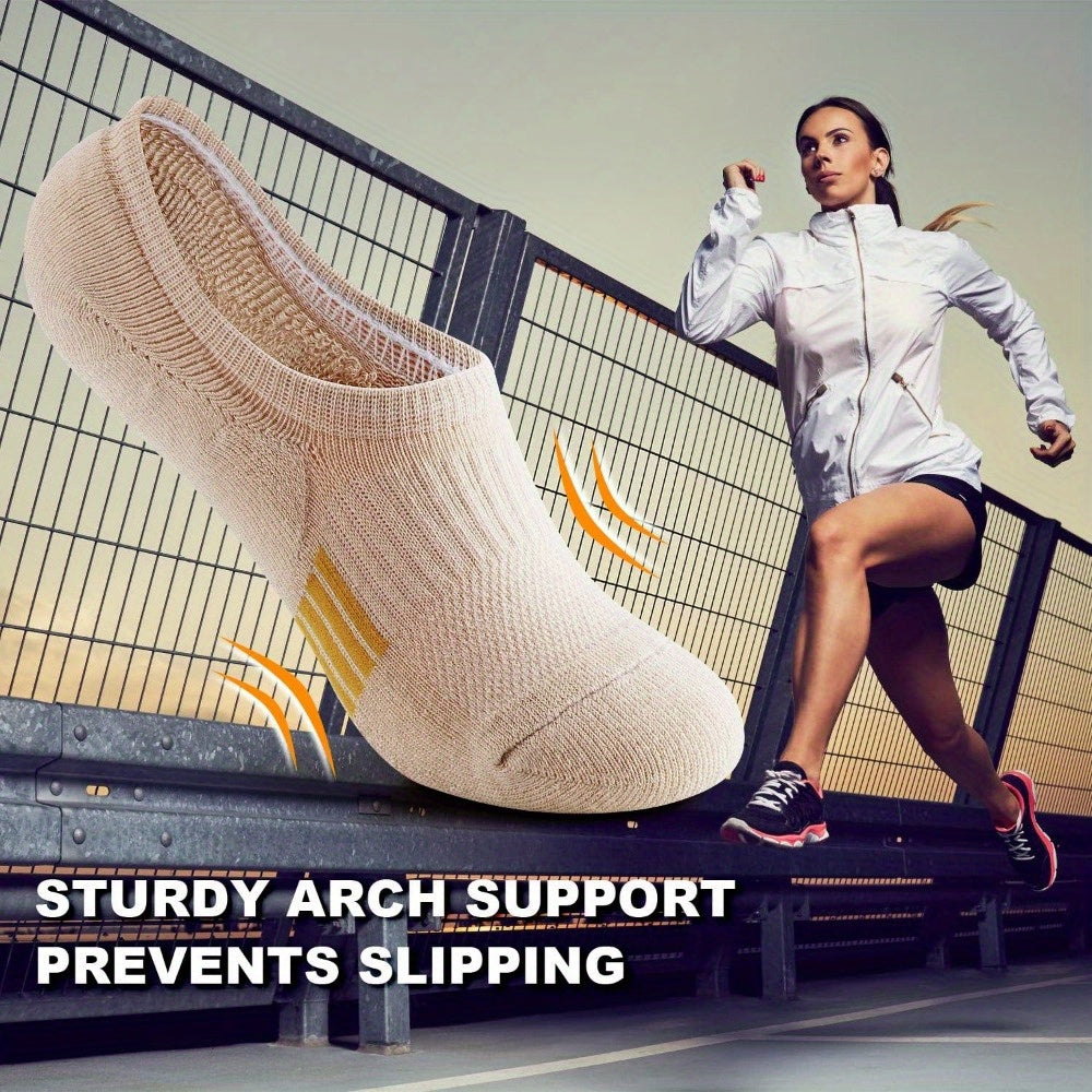 5 Pairs of Women's Anti-Slip Ankle Socks for Running & Outdoor Activities - Breathable, Moisture-Wicking, Nylon/Cotton Blend in Assorted Colors (Beige, Light Grey Heathered, White, Teal Green, Black)