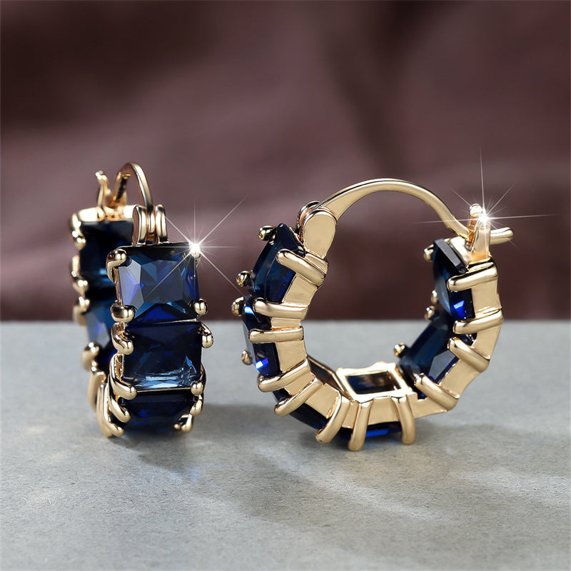 1 Pair Elegant Golden Square Cut Blue Stone Drop Earrings with CZ Accents, Dangle Hoop Earrings for Men, Perfect for Valentine's Day, Halloween, Christmas Gifts, Formal Occasion Jewelry | Square Cut Stones | Luxury Earrings, Novelty Earrings, Perfect for