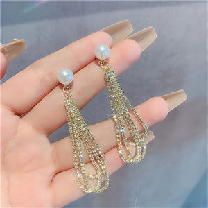 Pair of S925 Silver Pendant Earrings, Inlaid with Artificial Imitation Pearl and Sparkling Tassel Design, Make a Stylish and Luxurious Jewel