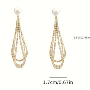 Pair of S925 Silver Pendant Earrings, Inlaid with Artificial Imitation Pearl and Sparkling Tassel Design, Make a Stylish and Luxurious Jewel