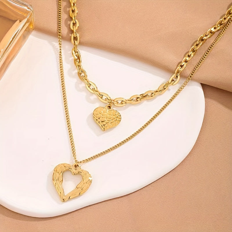 A Stainless Steel Jewelry Double-Layer Layered Heart-Shaped Necklace Ins French Fashion Retro Trend Versatile Casual Elegance Suitable for D