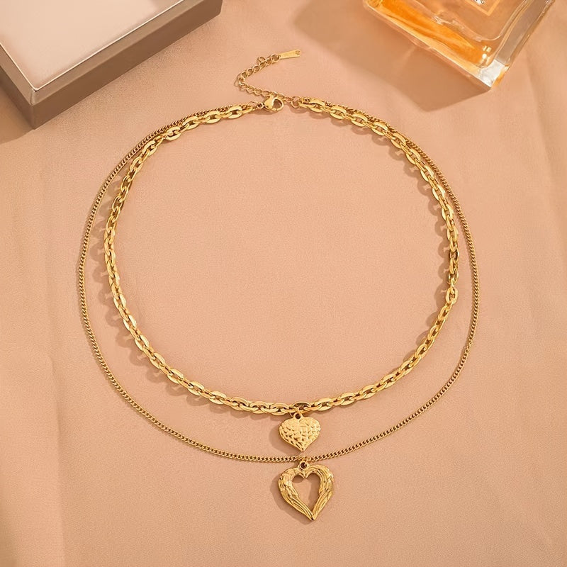 A Stainless Steel Jewelry Double-Layer Layered Heart-Shaped Necklace Ins French Fashion Retro Trend Versatile Casual Elegance Suitable for D