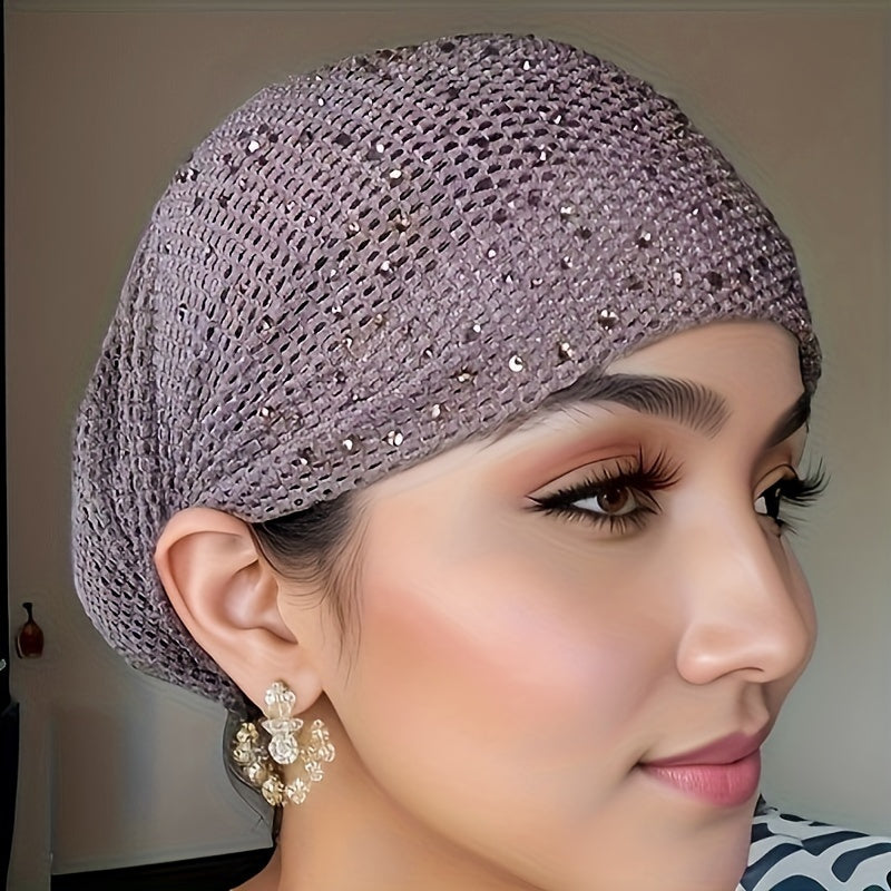 Elegant Rhinestone Hair Bonnet - Women's Accessories - Soft, Stretchable, Breathable, Lightweight Knitted Polyester Cap with Drawstring, Urban Easter Theme, Non-Electric, Elastic, No Feathers, Perfect for Daily Wear, Outdoor Activities