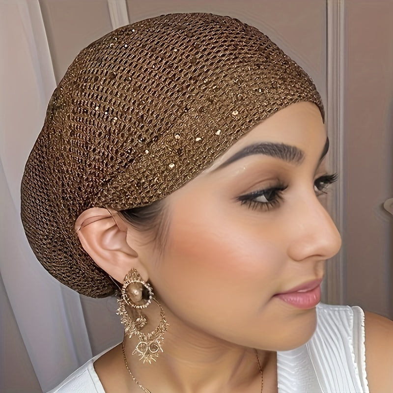 Elegant Rhinestone Hair Bonnet - Women's Accessories - Soft, Stretchable, Breathable, Lightweight Knitted Polyester Cap with Drawstring, Urban Easter Theme, Non-Electric, Elastic, No Feathers, Perfect for Daily Wear, Outdoor Activities