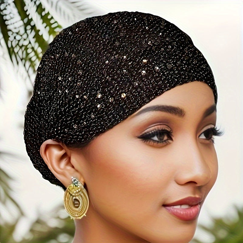 Elegant Rhinestone Hair Bonnet - Women's Accessories - Soft, Stretchable, Breathable, Lightweight Knitted Polyester Cap with Drawstring, Urban Easter Theme, Non-Electric, Elastic, No Feathers, Perfect for Daily Wear, Outdoor Activities