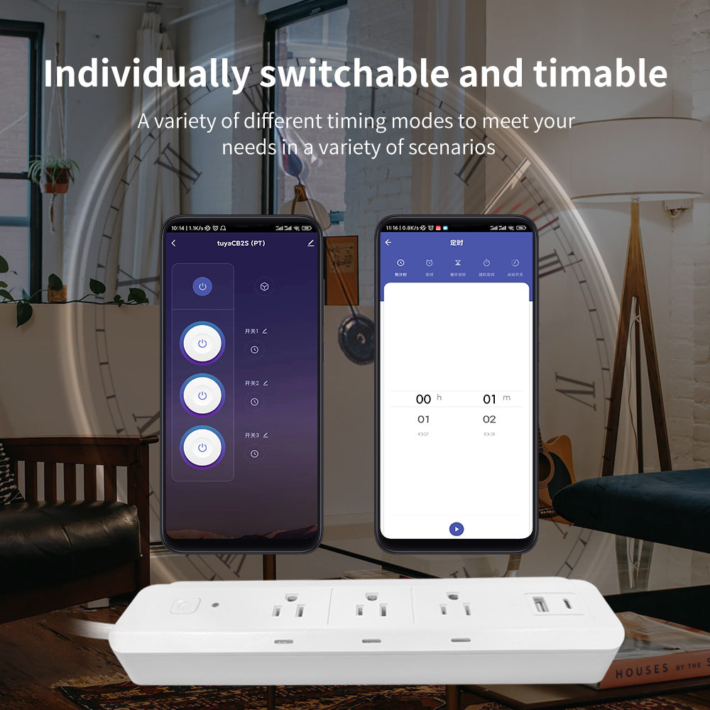 Tuya Smart Three-Socket WiFi Smart Plug Power Strip Independent Socket Control USB-A + C Port Remote Control Smart Home Management Voice-activated Energy-saving Timer Function Wall-mountable Suitable for Office School and Dormitory Use