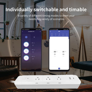 Tuya Smart Three-Socket WiFi Smart Plug Power Strip Independent Socket Control USB-A + C Port Remote Control Smart Home Management Voice-activated Energy-saving Timer Function Wall-mountable Suitable for Office School and Dormitory Use