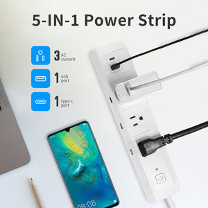 Tuya Smart Three-Socket WiFi Smart Plug Power Strip Independent Socket Control USB-A + C Port Remote Control Smart Home Management Voice-activated Energy-saving Timer Function Wall-mountable Suitable for Office School and Dormitory Use