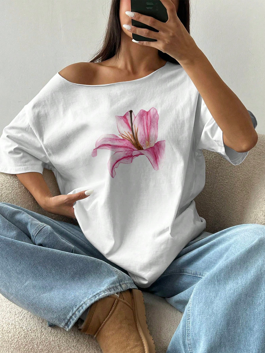 Sunnyshic Asymmetrical Shoulder Loose Lily Flower Print T-Shirt, Oversized Y2K Style Graphic Tees Women Tops
