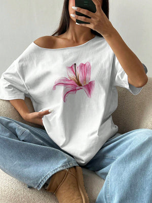 Sunnyshic Asymmetrical Shoulder Loose Lily Flower Print T-Shirt, Oversized Y2K Style Graphic Tees Women Tops