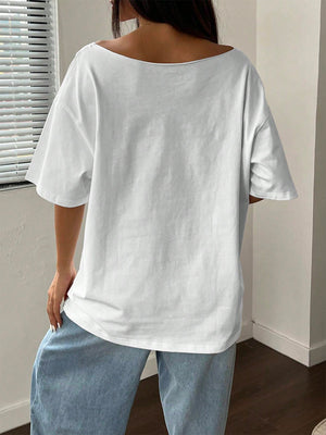 Sunnyshic Asymmetrical Shoulder Loose Lily Flower Print T-Shirt, Oversized Y2K Style Graphic Tees Women Tops