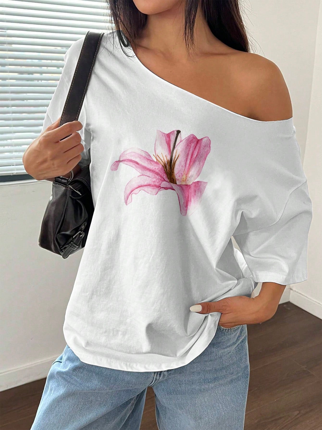 Sunnyshic Asymmetrical Shoulder Loose Lily Flower Print T-Shirt, Oversized Y2K Style Graphic Tees Women Tops