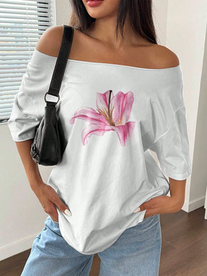 Sunnyshic Asymmetrical Shoulder Loose Lily Flower Print T-Shirt, Oversized Y2K Style Graphic Tees Women Tops