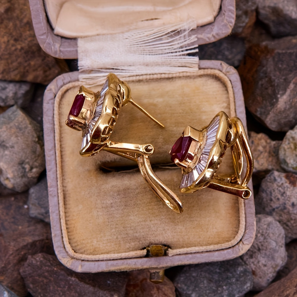 Elegant Golden-Tone Copper Hoop Earrings with Red & Clear Gemstone Accents - Vintage-Inspired, 0.78" Classic Statement Jewelry for Weddings