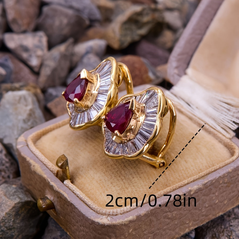 Elegant Golden-Tone Copper Hoop Earrings with Red & Clear Gemstone Accents - Vintage-Inspired, 0.78" Classic Statement Jewelry for Weddings
