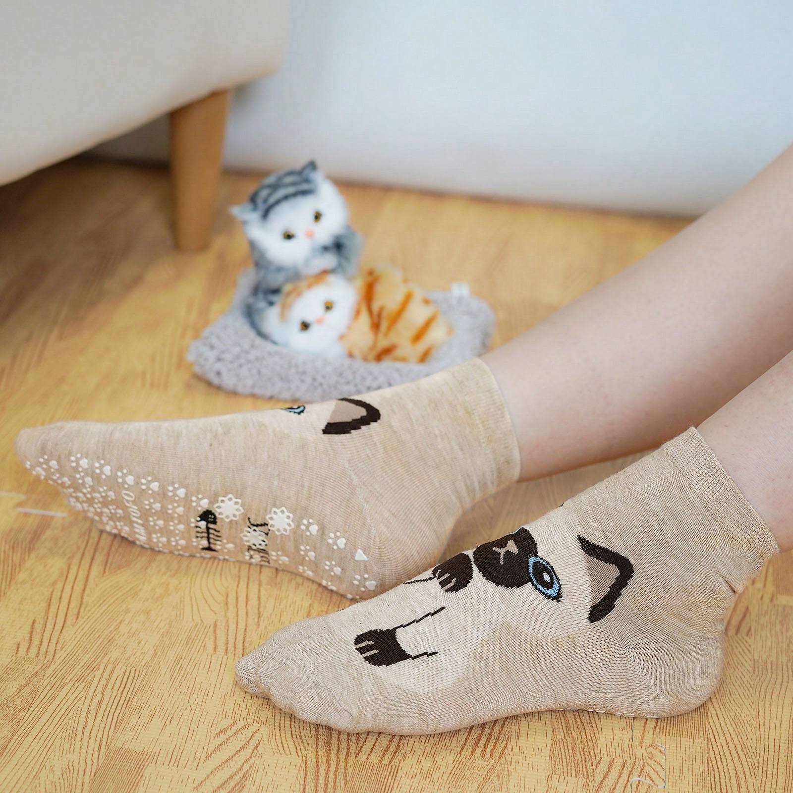 Non Slip Socks For Women Grip Socks Novelty Cat Non Skid Socks Ladies Funny Anti Slip Socks 5 Pairs Sports
