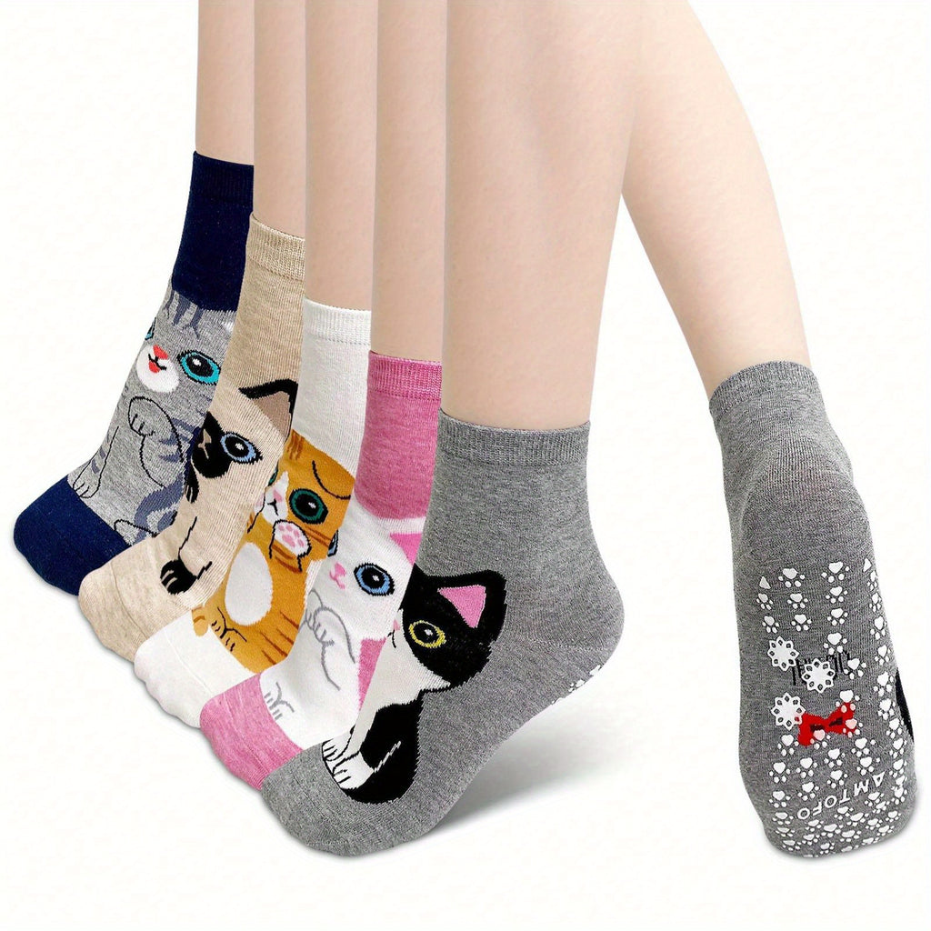 Non Slip Socks For Women Grip Socks Novelty Cat Non Skid Socks Ladies Funny Anti Slip Socks 5 Pairs Sports