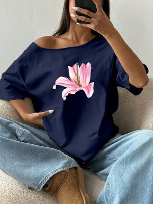 Sunnyshic Asymmetrical Shoulder Loose Lily Flower Print T-Shirt, Oversized Y2K Style Graphic Tees Women Tops