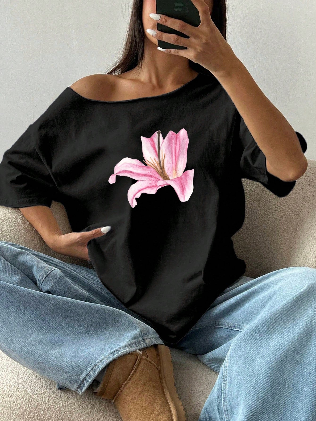 Sunnyshic Asymmetrical Shoulder Loose Lily Flower Print T-Shirt, Oversized Y2K Style Graphic Tees Women Tops