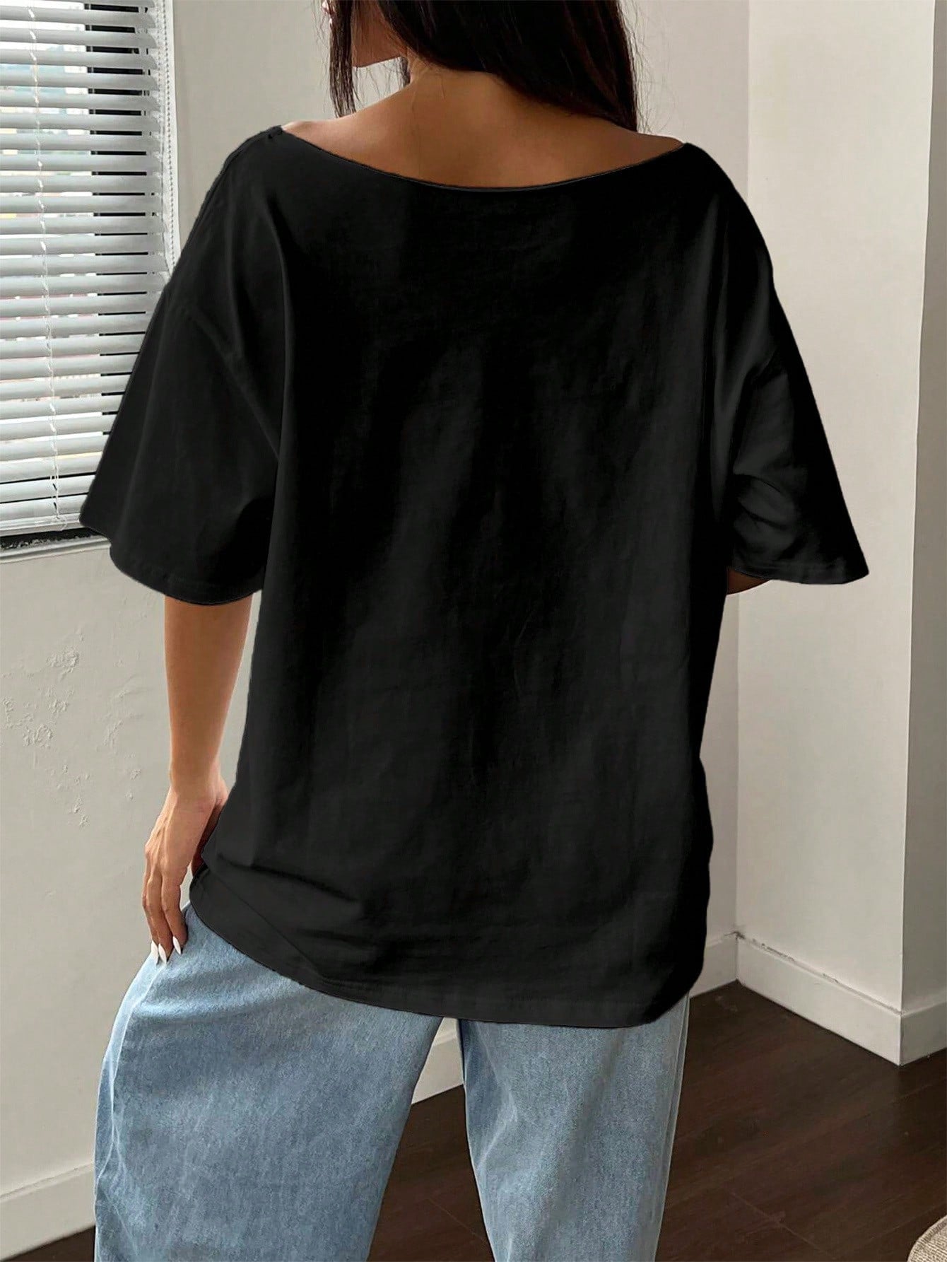 Sunnyshic Asymmetrical Shoulder Loose Lily Flower Print T-Shirt, Oversized Y2K Style Graphic Tees Women Tops