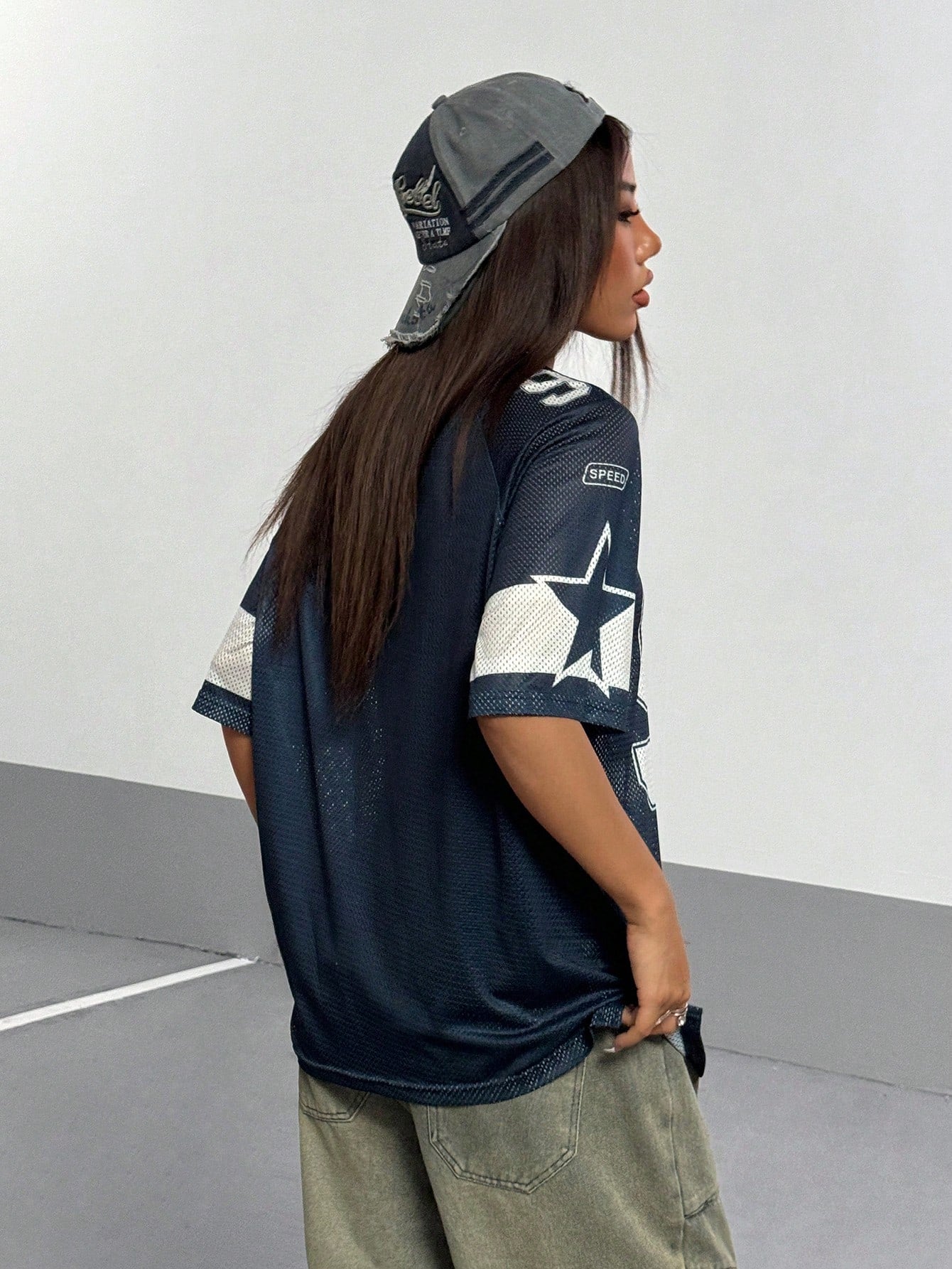 Flirla Women's Numeric Print Short Sleeve Mesh Colorblock Loose Fit Sports T-Shirt, Spring/Summer Graphic Tees Women Tops