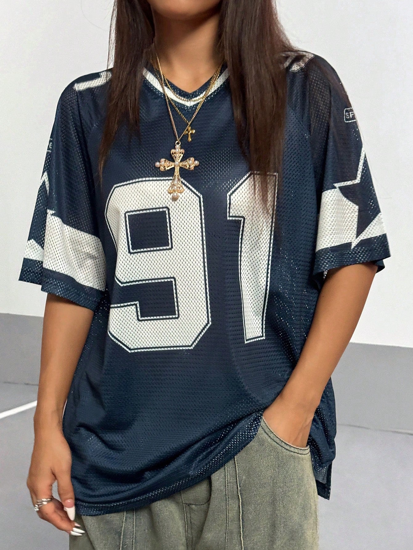 Flirla Women's Numeric Print Short Sleeve Mesh Colorblock Loose Fit Sports T-Shirt, Spring/Summer Graphic Tees Women Tops