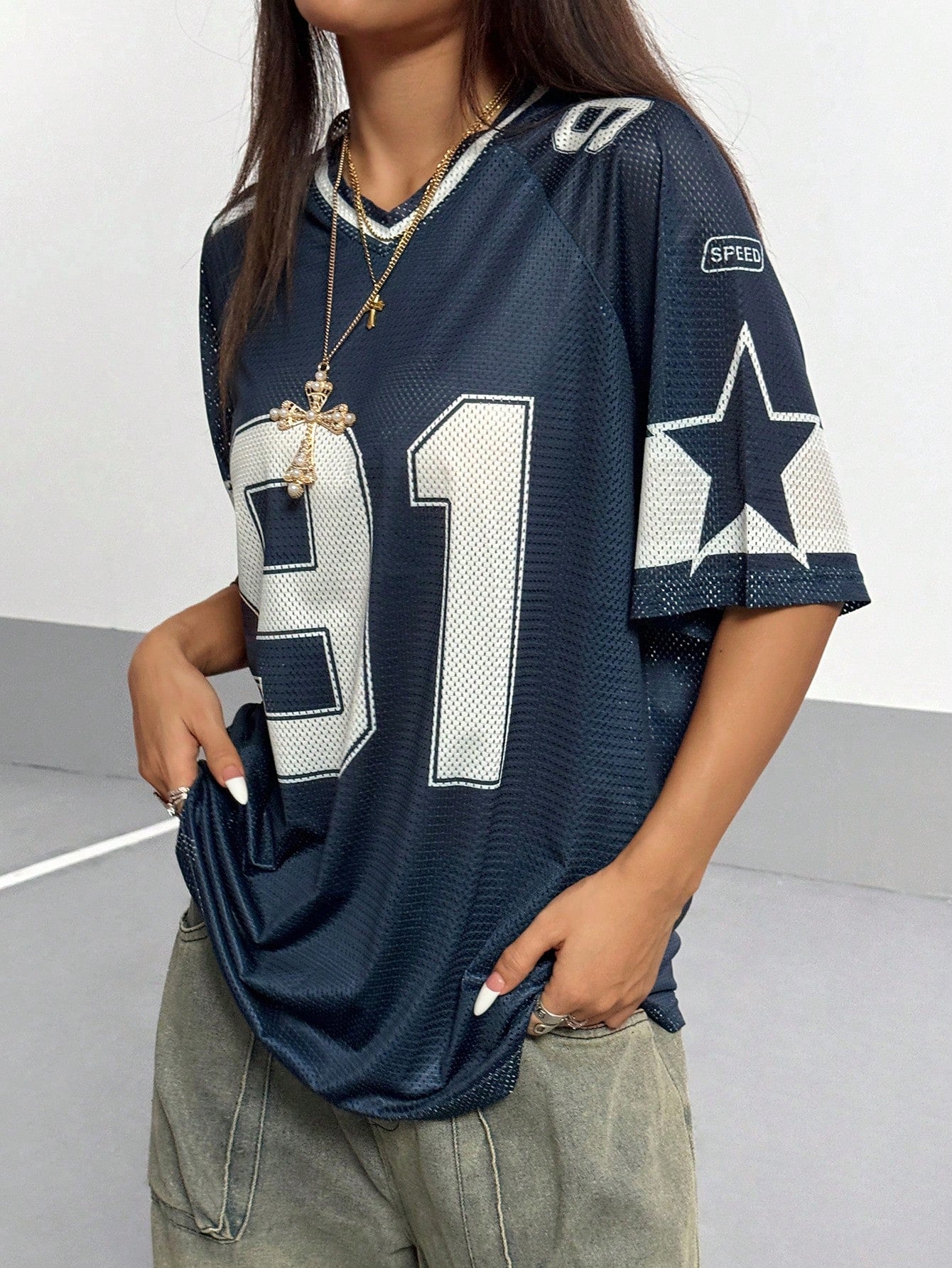 Flirla Women's Numeric Print Short Sleeve Mesh Colorblock Loose Fit Sports T-Shirt, Spring/Summer Graphic Tees Women Tops